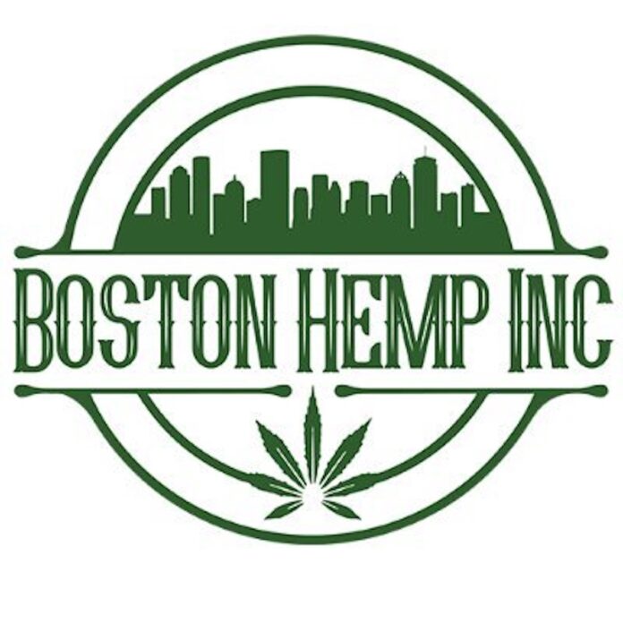white background and dark green logo the boston city scape is above the words boston hemp inc and below the words is a cannabis leaf