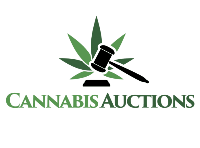 cannabis auctions logo with green cannabis leaf and gavel