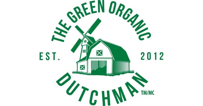 white background green logo a dutch farmhouse and windmill with the green organic dutchman printed so that it encircles the barn