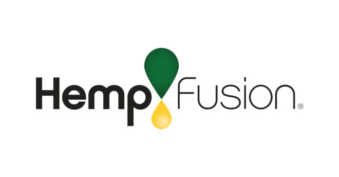 hempfusion logo white background hemp in bold black letters followed by a green and yellow tear drop then the word fusion in a thin black font