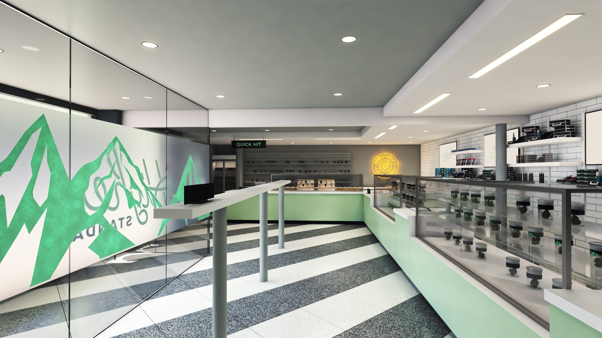 dispensary interior with light green accents white walls and black and white flooring
