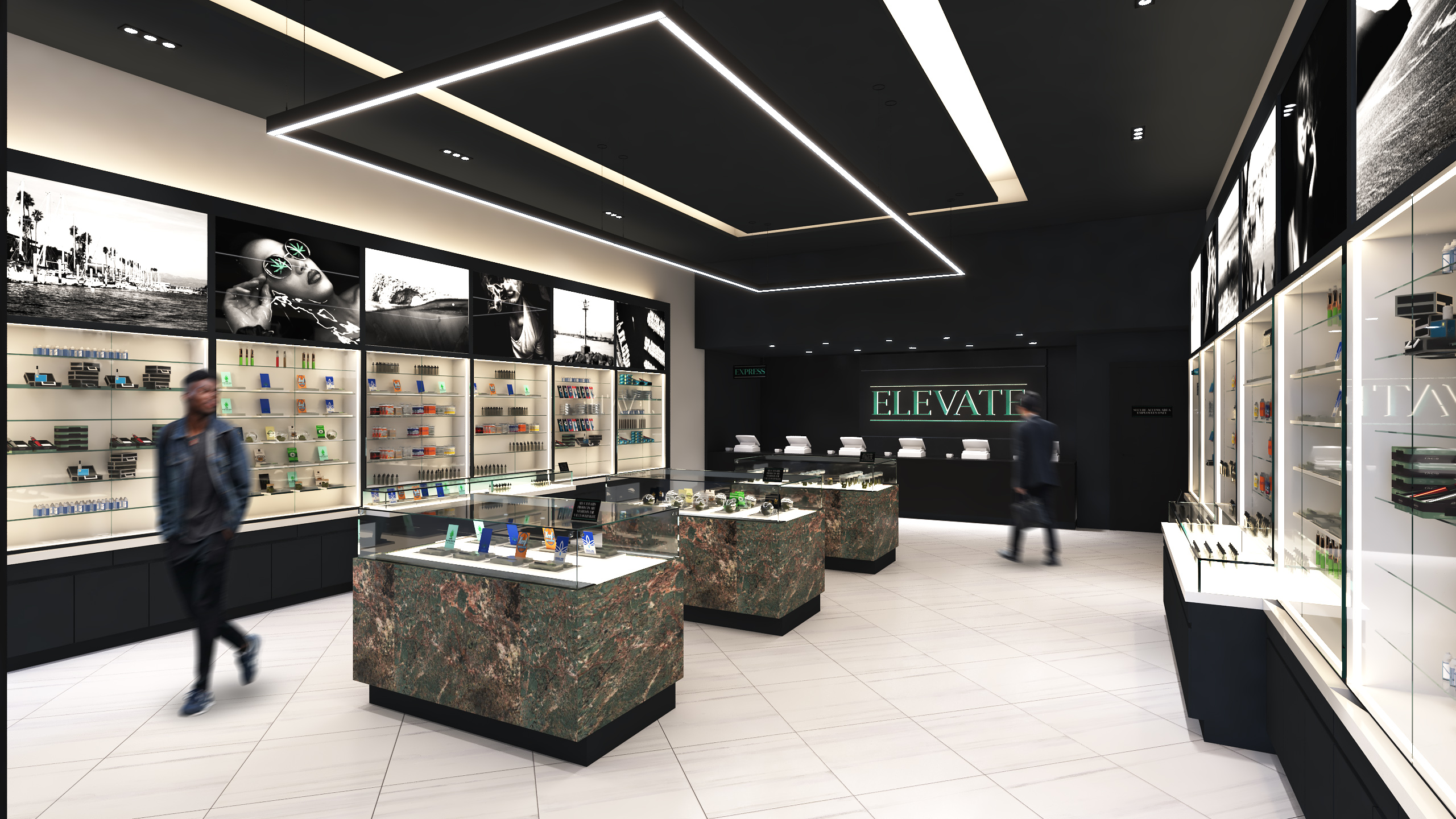 dispensary interior with white floors and black ceiling and glass display cases