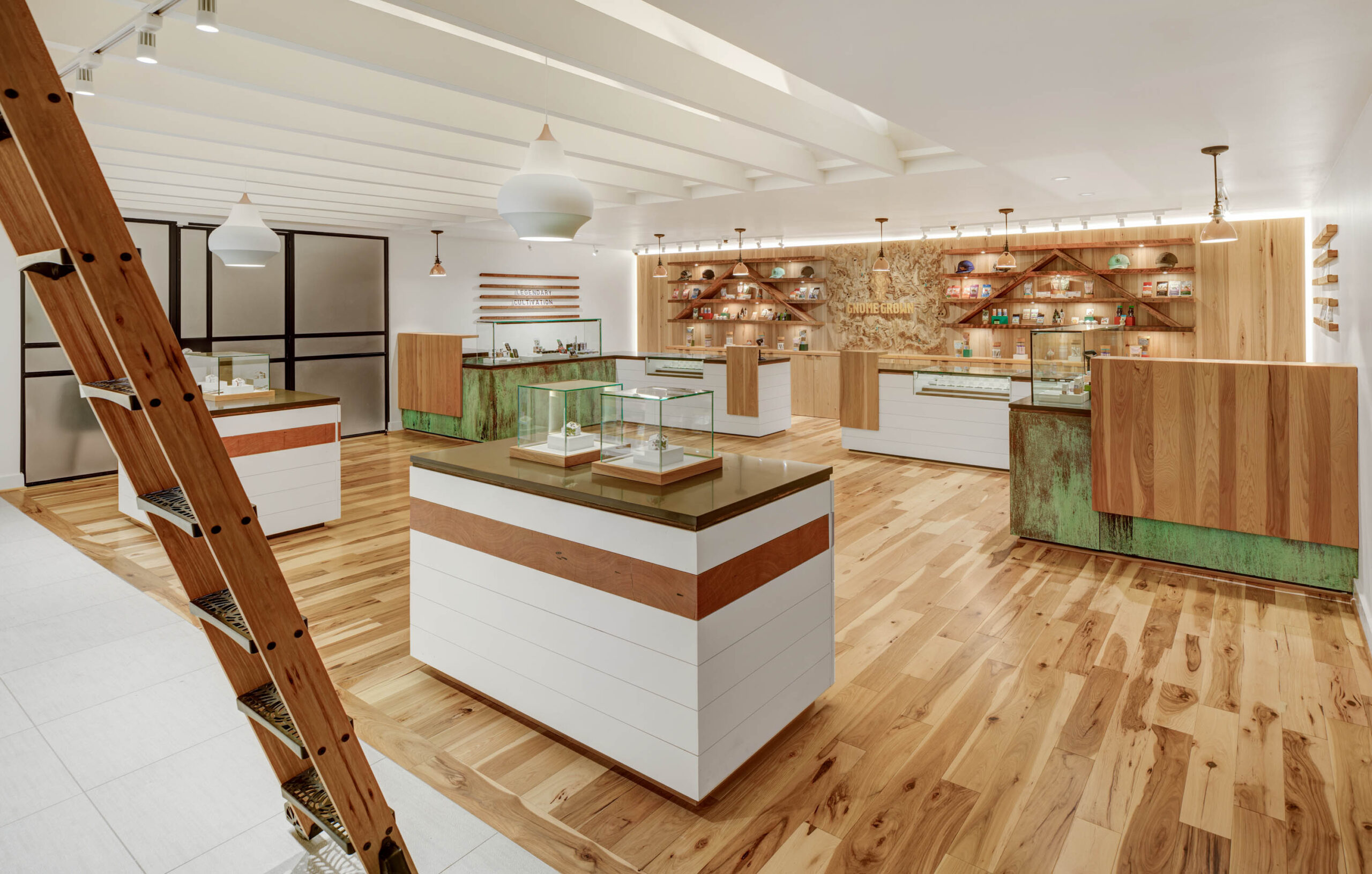 dispensary interior with wood floors and white ceiling 