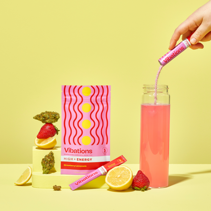 neon yellow background display of pink drink mix container and weed nugs and a bottle of water with a white hand pouring pink drink mix into bottle