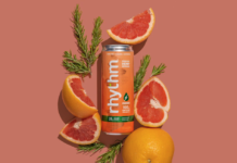 rhythm™ Sparkling Hemp Beverages Announces Re-Brand and Enhanced Product Formulations rhythm seltzer coral background with orange rhythm can in center surrounded by blood orange slices and green sprigs of rosemary