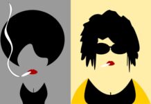 Hard Realities and Hope in the Women in Cannabis Study cartoon representations of two women's heads the woman on the right is on a gray background she has red lips w a smoking joint hanging from the side of her mouth and a black afro the woman on the right is on a yellow background wearing sunglassed with red lips and a short black hair style