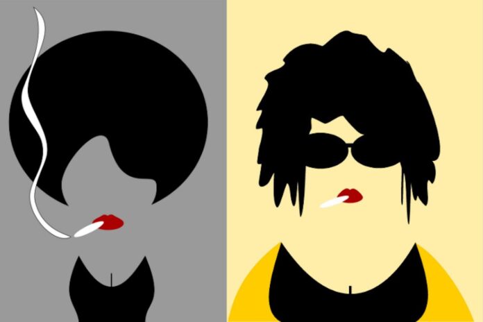 cartoon representations of two women's heads the woman on the right is on a gray background she has red lips w a smoking joint hanging from the side of her mouth and a black afro the woman on the right is on a yellow background wearing sunglassed with red lips and a short black hair style