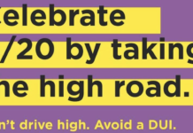 4/20 Safe Driving Pledge: MADD and Native Roots Unite Cannabis Industry and Traffic Safety purple background yellow text boxes with black text that reads celebrate 4/20 by taking the high road don't drive high avoid a DUI