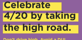 4/20 Safe Driving Pledge: MADD and Native Roots Unite Cannabis Industry and Traffic Safety purple background yellow text boxes with black text that reads celebrate 4/20 by taking the high road don't drive high avoid a DUI