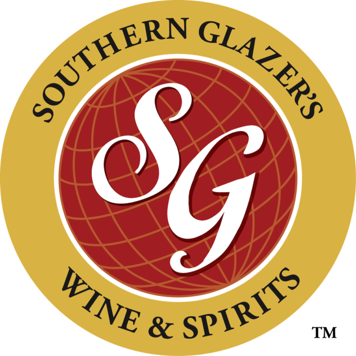 red circle encircled by gold border SG in white cursive in the red circle southern glazerrs wine and spirits in black capital font in gold border
