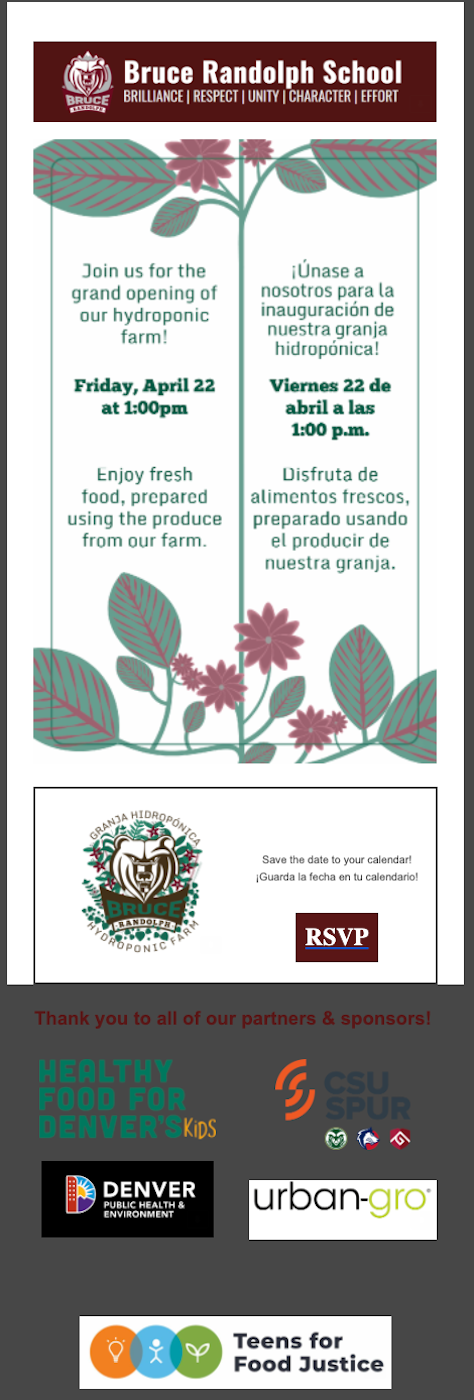 TFFJ Invitation Bruce Randolph School join us for the grand opening of our hydroponic farm Friday April 22 at 1:00 pm enjoy fresh food prepared using the produce from our farm