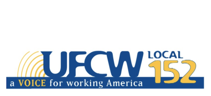 UFCW Local 152 white background blue and yellow text readingn UCFW local 152 a voice for working america
