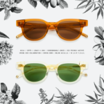 CRTFD x AKILA Collaborate on Biodegradable Sunglasses product image white background with sunglasses one with orange lenses and the other with green lenses the image is bordered by black drawings of cannabis leaves and nugs