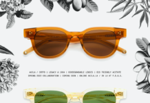 CRTFD x AKILA Collaborate on Biodegradable Sunglasses product image white background with sunglasses one with orange lenses and the other with green lenses the image is bordered by black drawings of cannabis leaves and nugs