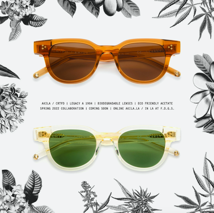 product image white background with sunglasses one with orange lenses and the other with green lenses the image is bordered by black drawings of cannabis leaves and nugs