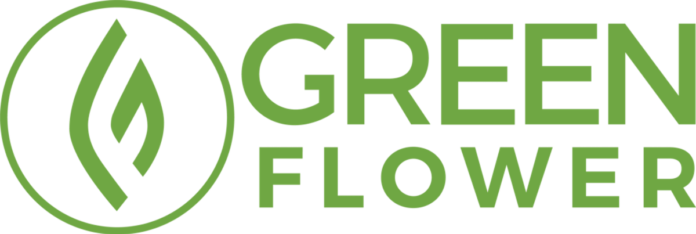 green flower logo white background green capital letters