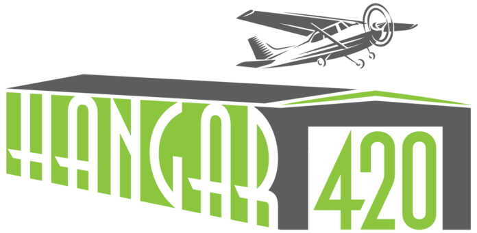 hangar 420 logo with green text and a gray air plane taking off a tarmac