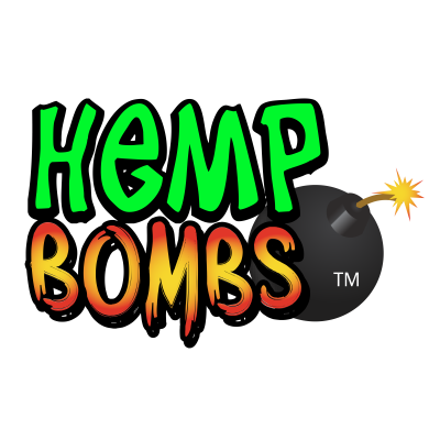 hemp bombs logo hemp in lime green annd bombs in yellow and red a black bomb is to the left of the words