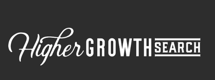 higher growth search logo black background white letters higher in cursive growth in capital sans serif and search in smaller capital letters with a line above and below the word