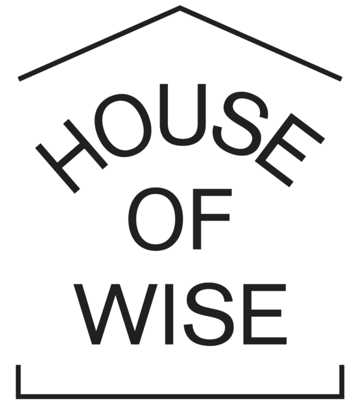 house of wise logo white white background house of wise in capital black letters encased by a house
