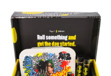 Nugg Club and Khalifa Kush Launch Exclusive California Box Collaboration black and yellow box filled with cannabis products the inside of the lid reads roll something and get the day started