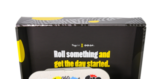 Nugg Club and Khalifa Kush Launch Exclusive California Box Collaboration black and yellow box filled with cannabis products the inside of the lid reads roll something and get the day started