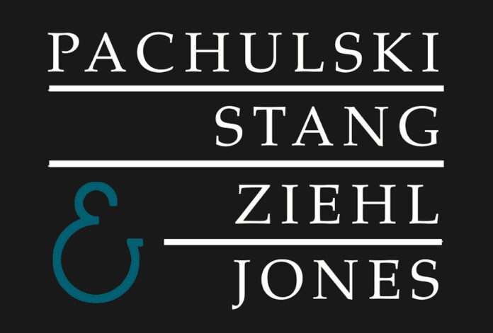 black background white capital text that reads pachulski stang ziehl jones with a teal ampersand symbol