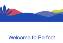 PERFECT Is Getting Hot With Its Newest Cannabis Blend Sexpot. Coming April 2022 graphic of a natural landscape in blue and red and green above the words welcome to perfect in blue sans serif font