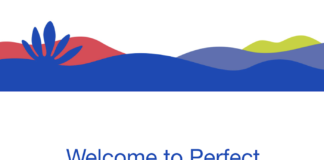 PERFECT Is Getting Hot With Its Newest Cannabis Blend Sexpot. Coming April 2022 graphic of a natural landscape in blue and red and green above the words welcome to perfect in blue sans serif font