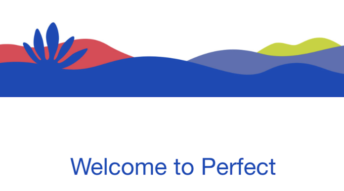 graphic of a natural landscape in blue and red and green above the words welcome to perfect in blue sans serif font
