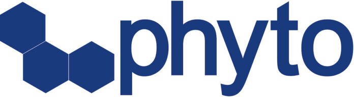 white background navy blue lowercase letters read phylo next to three connected blue hexagons