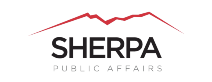 white background black letters reading sherpa public affairs with red outline of a mountain above the words