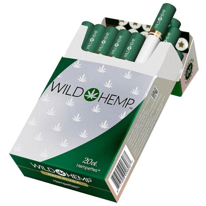 a pack of green wild hemp hempette cigarettes with the lid open and two cigarettes emerging from the pack