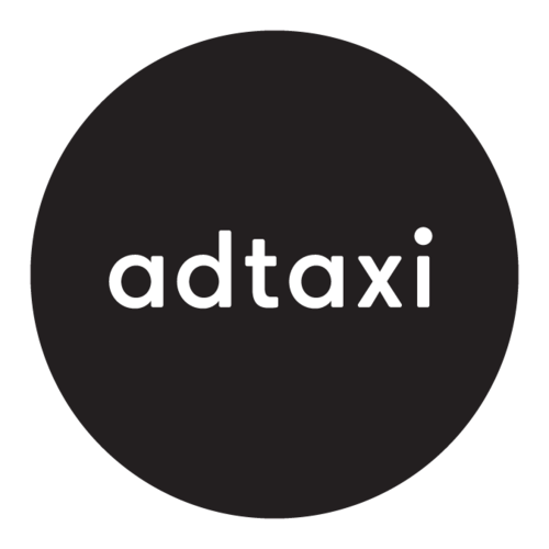 Adtaxi logo white background black circle adtaxi printed in lowercase white text in center