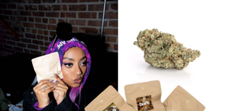 Cannabis Culture Brand “Burb” Launches In California a photo of a woman holding a cannabis package on the left and a close up image of a glistening nug on the left
