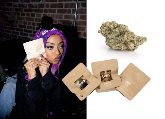a photo of a woman holding a cannabis package on the left and a close up image of a glistening nug on the left