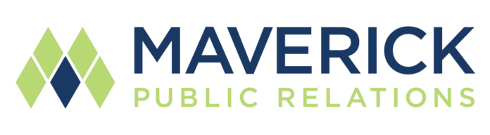 Maverick Public Relations logo white background maverick in navy blue public relations in lime green