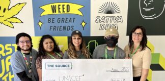 The Source+ Donates More Than $11,000 to UNICEF photo of the source plus employees holding a giant check for 11,000 dollars made out to UNICEF