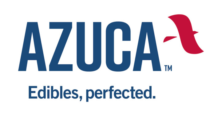 azuca logo white background azuca in capitalized blue letters to the left of a red abstract bird beneath the azuca text is smaller blue text that reads edibles perfected