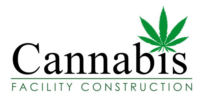 cannabis facility construction logo white background cannabis in large black text dominating the space and a green cannabis leaf in the place of the dot above the i in cannabis below the word cannabis is smaller green text reading facility construction