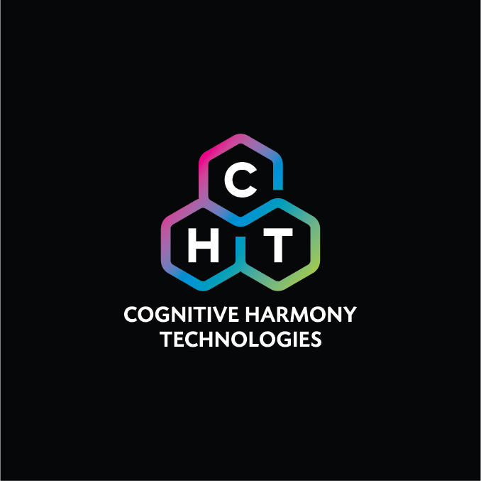 cognitive harmony technologies logo on a black background with white text and the letters c h and t arranged in a triangle surrounded by brightly colored pentagons