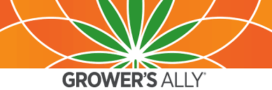 growers ally logo orange background featuring a green cannabis leaf in the center with the text growers ally printed below the leaf