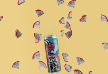 LEVIA Cannabis Infused Seltzer Kicks Off Summer with Launch of New Limited-Edition Flavor, Dragon Fruit product image tan background featuring image of levia dragon fruit seltzer can surrounded by pieces of dragon fruit floating around the can