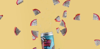 LEVIA Cannabis Infused Seltzer Kicks Off Summer with Launch of New Limited-Edition Flavor, Dragon Fruit product image tan background featuring image of levia dragon fruit seltzer can surrounded by pieces of dragon fruit floating around the can