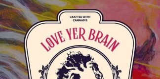 Love Yer Brain, Cannabis Brand of The Flaming Lips’ Frontman Wayne Coyne, Partners with The Nirvana Group multicolor muted background with cream love yer brain logo in the middle featuring image of man with wild flowing hair and love yer brain in pink capitalized font