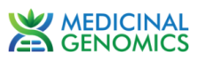 medicinal genomics logo white background medicinal in blue stacked on top of genomics in green to the left is a blue and green dna depiction with a cannabis leaf inside