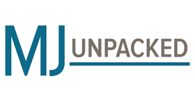 mj unpacked logo white packground MJ is larger blue text unpacked in smaller gray text