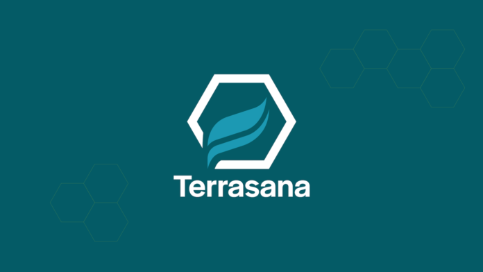 terrasana logo teal background white text with a white outline of a hexagon encasing a light blue leaf