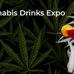 Cannabis Drinks Expo: Discover skyrocketing category from hemp-based sports drinks to cocktails cannabis drinks expo poster with black background with dark green cannabis leaves in the foreground on the right is a black and white photo of a person in a dress with a giant red frozen cocktail covering her face and in the upper left is the text Cannabis Drinks Expo