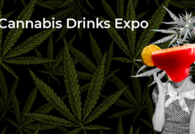 Cannabis Drinks Expo: Discover skyrocketing category from hemp-based sports drinks to cocktails cannabis drinks expo poster with black background with dark green cannabis leaves in the foreground on the right is a black and white photo of a person in a dress with a giant red frozen cocktail covering her face and in the upper left is the text Cannabis Drinks Expo